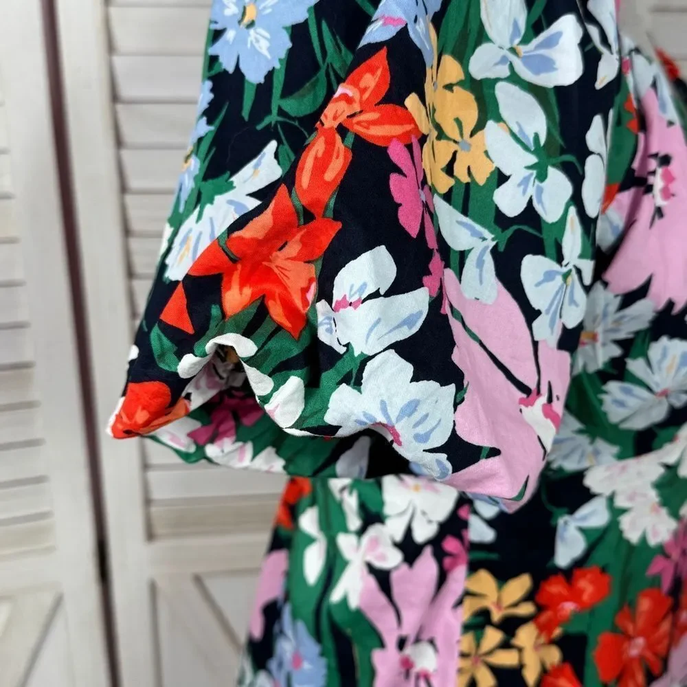 Old Navy Floral Puff Sleeve Peplum Flared Hem V‎ Neck Top Shirt Blue Multi Small